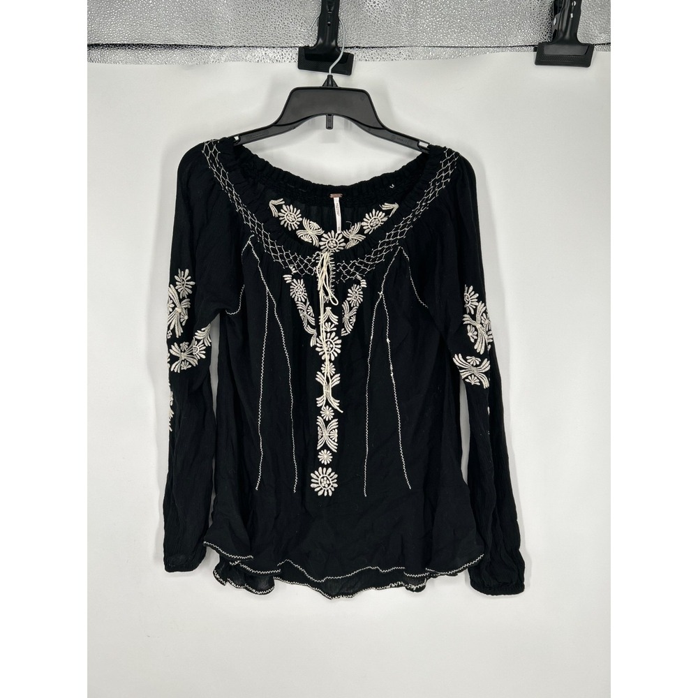 Free People Shirt Blouse Women XS Tunic Embroidered Floral High Low Off Shoulder